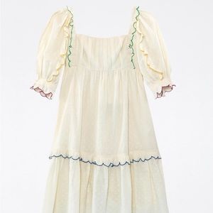 FARM Rio Off-White Textured Puff Sleeve Midi Dress